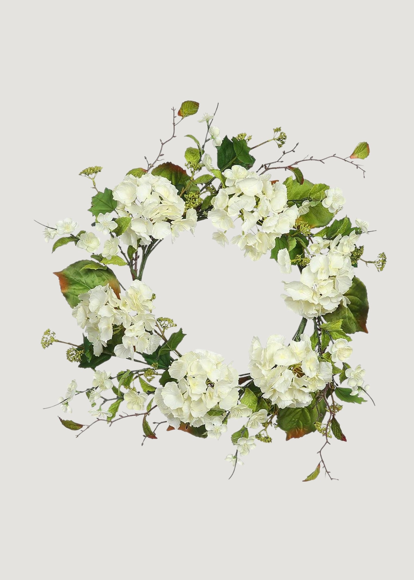 Artificial Hydrangea and Foliage Wreath in Cream Green - 24"